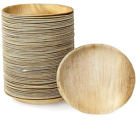 Générique 100 Assiettes en Bois de Palmier, Naturel, Biodégradables, Champêtre - Rondes ou Carrées (lot de 100 pièces) (Grandes Rondes - Ø23 cm (100pièces))