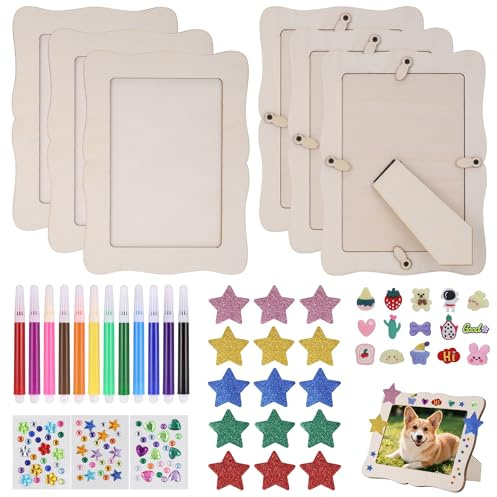 6 STK Holzbilderrahmen zum Bemalen,DIY Geschenk für Mädchen&Jungen(15x20cm) | Bilderrahmen basteln Kinder mit Wasserfarben Glitzersteinen&3D-Aufklebern, Bilderrahmen für Jubiläen Geburtstage Muttertag
