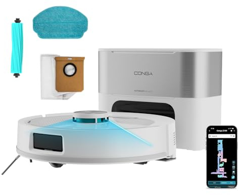 Cecotec Robot Aspirador Base Autovaciado 3L - Navegación Láser - 25000Pa - Conga Y80 Pearl. Autonomía 240mins en Modo Eco, Cepillo Silicona, Ideal Casas con Mascotas, Bluetooth y WiFi, Incluye 1 Mopa