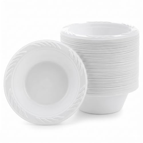 Venuscello® 100 x White Plastic Dessert Bowls 8oz Reusable Serving Bowls for Ice Cream Soup Catering Weddings Parties Lightweight Durable Food Bowls