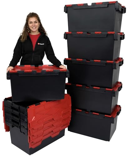 Plastor 10 x Large Plastic 80 Litre Heavy Duty Storage Boxes (71 x 46 x 36.8cm) Black and Red LC3 Crates with Attached Hinged Lids