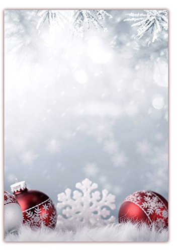Motivpapier Briefpapier (Weihnachten-5179, DIN A4, 25 Blatt) - Weihnachtspapier rote Weihnachtskugeln im Schnee
