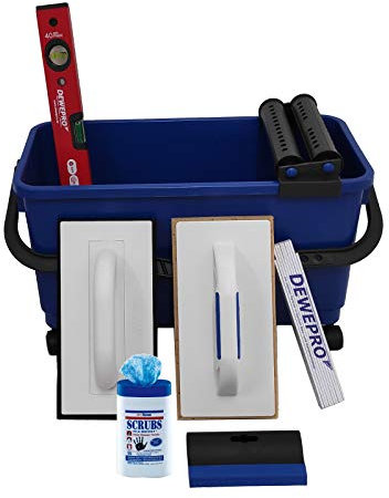DEWEPRO® Kit de lavage spécial pour carreleur - 10 pièces - Avec seau de lavage de 22 l - Outils pour la pose de carrelage tels que le caoutchouc à joints, la planche éponge, le niveau à bulle, le