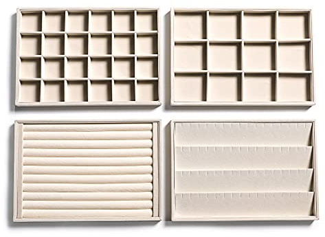 Frebeauty Bandejas organizadoras de joyas de terciopelo apilables para cajones, bandeja de almacenamiento de joyas, aretes, pulseras, collares, anillos, accesorios para mujeres(juego de 4) (beige).