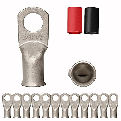 12PCS 2/0-1/2 Tinned Copper Ring Terminal Connectors 2/0 AWG Heavy Duty Battery Cable Ends Bare Copper Lugs with 12 PCS 3:1 Heat Shrink Tubing for Vehicle Boat Marine Use