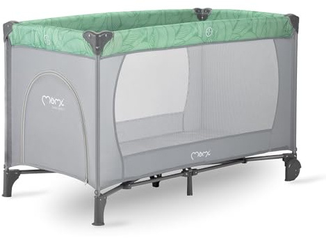 MoMi Transportsäng BELOVE | 125 x 65 x 78 cm | För barn upp till 15 kg | 2 hjul för förflyttning | luftigt nät | transportväska | jade