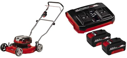 Einhell Tondeuse à gazon sans fil GE-CM 36/48 Li M-Solo Power X-Change (36V, 48 cm largeur de coupe, jusqu'à 1000 m², Brushless, mulching, 30-75 mm hauteur de coupe) + Twincharger et 2 Batteries 4,0Ah