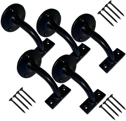 Black Antique Handrail Brackets & Screws – Heavy Duty Cast Iron Wall Stair Rail Support – Banister Handrail Holder for Stairs, Indoor & Outdoor Use, with Matching Screws (Pack of 5)