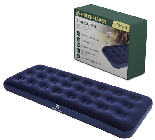 Green Haven Single Flocked Airbed – Lightweight Inflatable Camping Mattress with Waterproof Flocked Top – Portable Single Air Bed for Adults & Kids – Ideal for Festivals, Camping & Guest Use