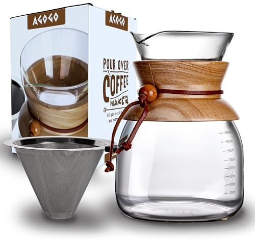 AGOGO Kaffeebereiter aus Glas mit Metallfilter, hohe Kapazität 800–1000 ml (1000 ml)