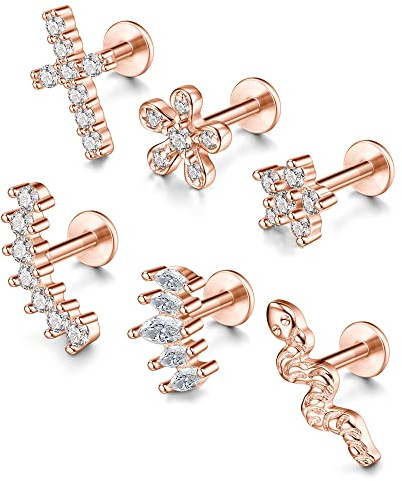 JSDDE 6/8er Rosegold Helix Piercings 16ga 6mm Labret Tragus Knorpel Ohrpiercing Kreuz Blume CZ Ohrringe Ohr Piercing Schmuck für Damen Frauen