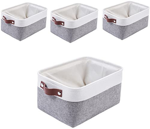 SOCOHOME Klein Aufbewahrungsbox aus Stoff,[4 Pack] Korb aufbewahrung mit Ledergriff für Unterwäsche,Calze, Spielzeug, Kosmetik(Grau/Weiß, S)