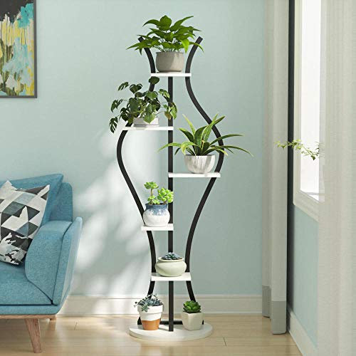 AFLCIO 6-stöckiges Blumenregal 7 Töpfe Pflanzenständer aus Holz Gartenhalter Display Regal Multifunktionales Lagerregal Bücherregal Metall Pflanzenständer Blumentöpfe, Schwarz + Weiß