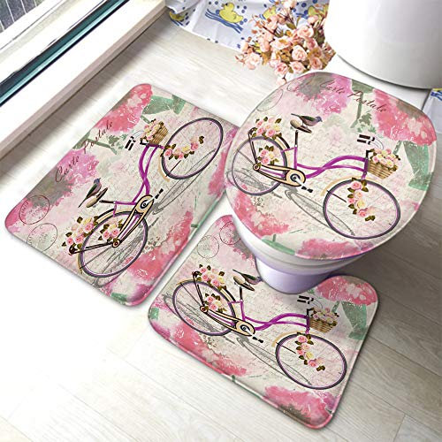 rutschfeste 3 Badteppich Set Fahrrad Romantische Blume Fahrrad Vogel Natur Dekorativ Rose Elegant Badgarnitur Badematten Wasserabsorbierend Weiche Wc-Deckelbezug, Für Wohnzimmer, Wc-Sitz Bezug