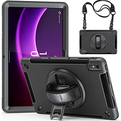 AdirMi Coque pour Lenovo Tab P11 2nd Gen 11.5 Pouces (TB-350), Militaire Robuste Antichoc à 3 Couches Housse avec [Béquille/Dragonne Rotative à 360 Degrés]& Bandoulière Réglable,Black