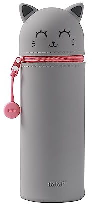 I-TOTAL® - Federmäppchen aus weichem Silikon für die Schule, ausziehbar mit konturierter Form (Grey CAT)