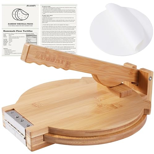 ZUJJAFY Tortilla Press 10 Zoll Bambus Tortilla Maker mit 100 Pergamentpapier, Mexikanische Tortillera Presser Hausgemachte Tortillas Pataconera Teigpresse