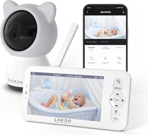 LAKOO BabyGuard Kitty - Baby Monitor with Camera, app and Monitor - 720HD, WiFi, Night Vision, Motion Detection, talkback Function, Sleep Music, rotatable - 1 Camera