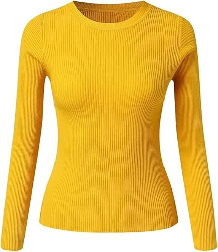 UIILO Termisk topp för kvinnor, stickad tröja, ribbade t-shirts, undertröja, basic, enfärgad långärmad skjorta, tajt stickad tröja, långärmade termounderkläder, höst, vinter, varm topp（Gul）