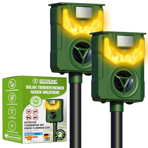 ISOTRONIC Solar Tiervertreiber zur Abwehr von Waschbären, Rehen, Füchsen & Wildschweinen – Wildtier Vertreiber mit Frequenz + Flammenlicht – effektive Tierabwehr (2 Stück)
