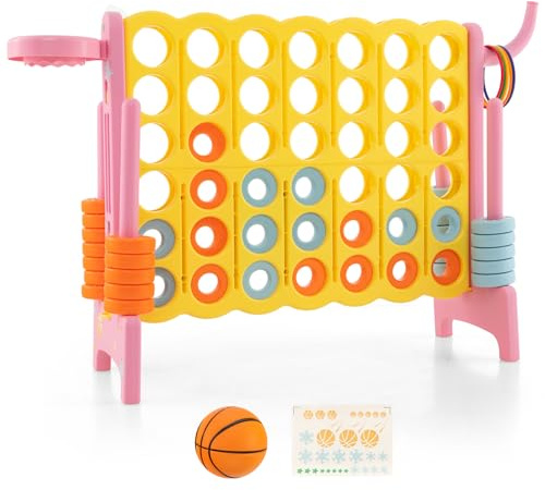 GYMAX Giant 4 in a Row Game, Jumbo Connect 4 Garden Games with 42 Rings, Basketball Hoop, Ring Game & Quick-Release Slider, Outdoor Four in a Row Toys for Kids Adults Family (Yellow+Pink)