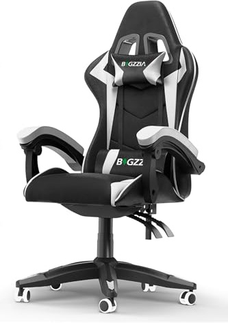 Bigzzia Gaming Stuhl,90-135°Rückenlehne Gaming Chair Perlmutt | Mit Lendenkissen & Kopfstütze, höhenverstellbar & 360° drehbar, passend für Jugendliche und Erwachsene, bequemes PU-Leder