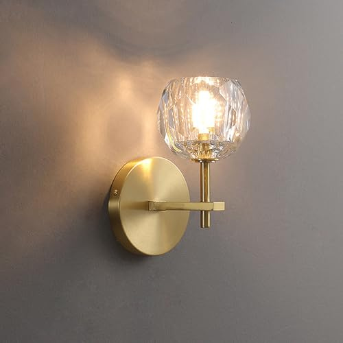 CRFASIBE Antique Brass Crystal Wall Lamp, G9 Warm Light Bedroom Wall Sconce | 1 Light, Dia 12cm, Blub Included, Antique Brass Metal Frame with Sparkling Crystal Shade, Art Decor for Living Room Hotel