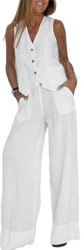 Women's Cotton Linen 2 Piece Outfits Casual Sleeveless Blazer Vest Wide Leg Pant Sets Business Suits for Work Office (A-White, XL)