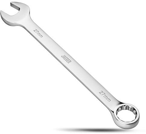 Jaeger Llave combinada jumbo de 27 mm con extremo de caja de desplazamiento de 15°, llave métrica resistente con extremo de caja de 12 puntos, acero de alta resistencia, aplicaciones automotrices, de
