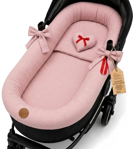 Universellt Babylift Överdrag i Muslin Bomull – Andningsbar Klädsel som Klär och Skyddar Barnvagnen – Set 3 Delar med Kudde och Madrass för Nyfödd Liggkorg Rosa