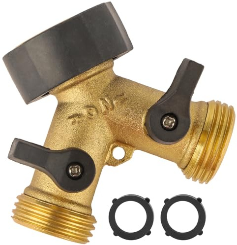 Garden Hose Splitter 2 Way Heavy Duty, Brass Faucet Adapter With Rubber Grip Handle For Gardening Water Hose Shut Off Valve Hose Connector Fittings Outdoor Water Spigot Hose Bib Y Splitter