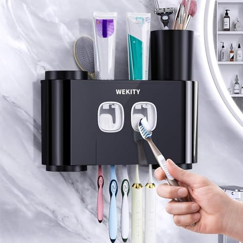 Maxspace Zahnbürstenhalter, Multifunktionaler Zahnbürstenhalter zur Wandmontage mit Zahnpastaspender, Zahnputzbecherhalter Ohne Bohren mit 5 Pinselschlitzen und 4 Tassen (Schwarz)