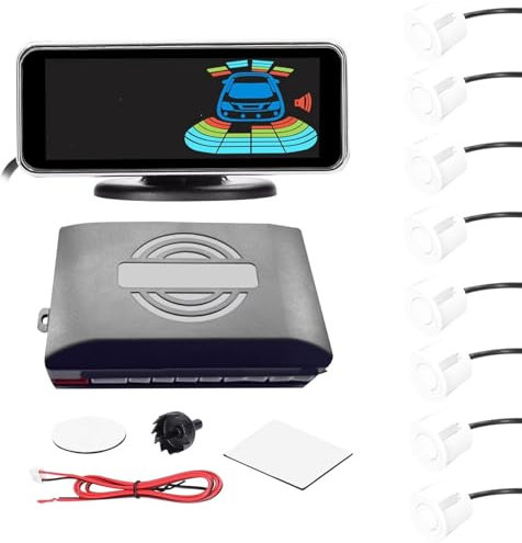 Sensor Estacionamiento Sondas Radares de marcha atrás traseros Pantalla LCD Sensor de aparcamiento Detección de distancia Avisador acústico de advertencia Radar Parking Sensor(White 8pcs Probe)