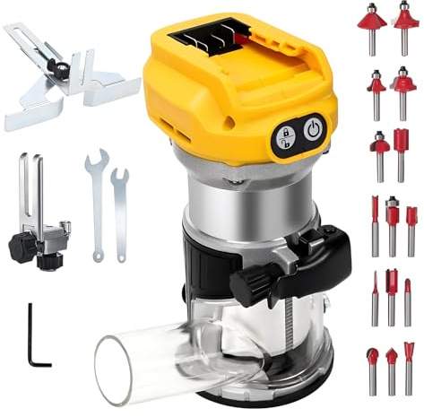 Akku Oberfräse kompatibel mit Dewalt 18V 20V, 800W Bürstenloser Kantenfräser Akku Holztrimmer Tragbarer Handfräser mit 6 Geschwindigkeiten, 10000-30000min/r(ohne Akku)