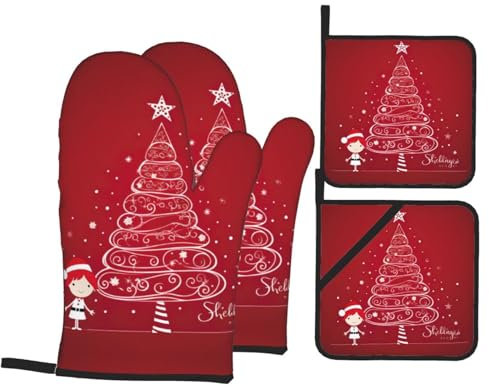Set di 4 presine da forno con stampa di albero di Natale rosso, per chef, cottura e grigliate