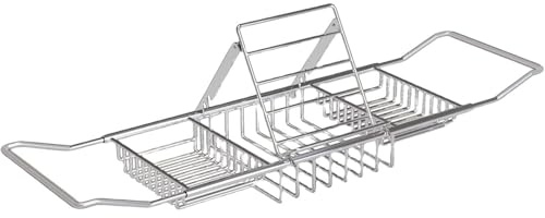 SAYEYBU Ausziehbare Badewannenablage Aus Edelstahl, Multifunktionale Badewannenablage, Badezimmerablage, Mit Dreifach Verstellbarer Leseablage,Silber