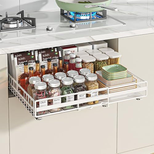 TOJUNE Tiroir Coulissant de Placard Extensibles Avec Adhésif, Tiroirs Réglables W (31-49 cm) Extensibles à 3 Rails Coulissants, Autocollants/Poinçons avec Nano Film pour Cuisine, Garde-manger (Blanc)