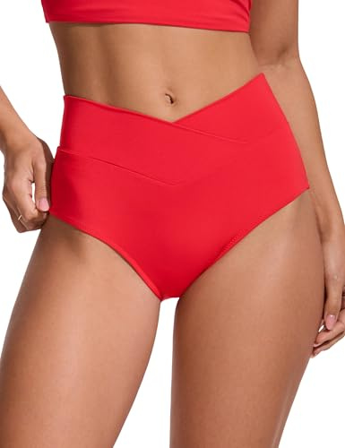 CRZ YOGA High Waisted V Cut Bikini Bottom for Women - Cross Front Bathing Swimsuit Full Coverage Swim Briefs Deep Red Large