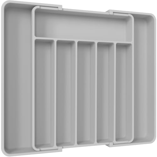 Aujen Cutlery Tray Drawer Organiser Kitchen Storage Light Grey 34x4x50cm | Adjustable Multipurpose Utensil Organisation for Forks, Knives, Expandable Kitchen Accessories, Home Apartment Essentials