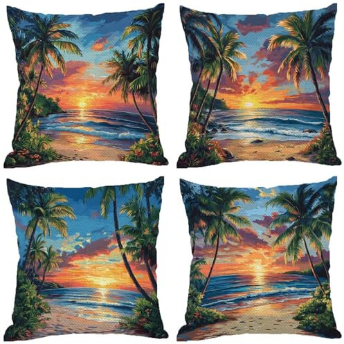 Fodere Cuscini da Esterno Impermeabili, Albero Federe Cuscini Divano 70x70 Quadrate Set di 4, Doppia Faccia Stampa Lino Cushion Covers Verde Cerniera Invisibile per Aesthetic Room Decor, Regalo Z-851