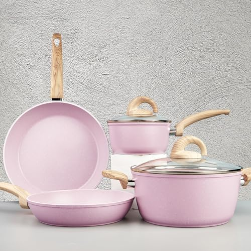 Vkoocy Pots and Pans Set Non Stick, Ceramic Cookware Set with Granite Pattern, Induction Kitchen Cooking Sets w/Frying Pans, Saucepans, Casserole with Lids, Non-Toxic, PTFE/PFOA/PFOS-Free, Pale Pink