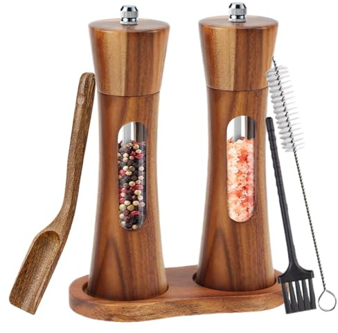 Auciej Salz und Pfeffermühle Holz Gewürzmühle Set mit untersetzer Manuelle Pfeffermühle mit einstellbarem Keramikmahlwerk Salzmühle für grobes Salz, Pfeffer, Gewürze Höhe: 20 cm