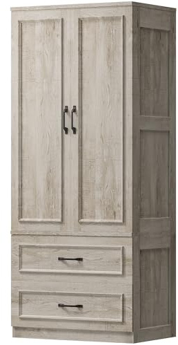 LIKIMIO Armoire Wardrobe Closet with 2 Doors and 2 Drawers 70 H x 28 W Wooden Bedroom Freestanding Wardrobe Combination for Hanging Clothes, Rustic Maple