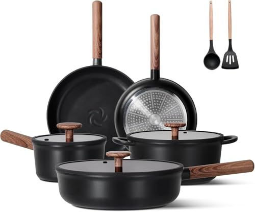 JEETEE Ceramic Cookware Set, 15 PCS Pots and Pans Set Non Stick with Removable Handles, Non Toxic Induction Kitchen Cookware Sets, Oven Safe, PFOA Free, Black