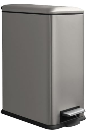 JM・YIPENG Kitchen Bin, Bathroom Bin with Lid, 30L Bin, Slim Pedal Bin, Grey | 30L Stainless Steel Pedal Bin with Inner Bucket, Large Rubbish Bin with Soft Close Lid, for Kitchen, Living Room and Office