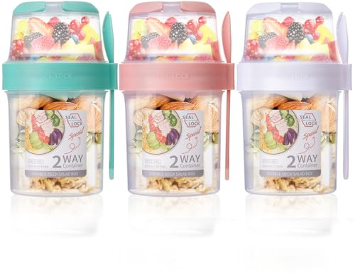 Nymblis 3 Pcs Overnight Oats Container, Yogurt Pots with Lid and Spoon | Reusable Breakfast Pots, 2-Tier Cereal Cup On The Go, for Salads Fruit Yogurt Oatmeal (310ml+560ml)