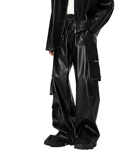 2026 Elegantes pantalones de cuero negro con bolsillos prácticos de pierna ancha, pantalones de moda de patrón funcional para hombre, Negro , M