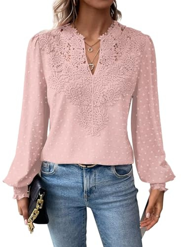 TUUHAW Light Pink Tops for Women UK Ruffle Long Sleeve Fashion Tunic Tops Loose Flowy Shirts V Neck Chiffon Fall Swiss Dot Blouses Fit Boho Going Out Elegant Pleated Bardot Peplum Clothes XXL