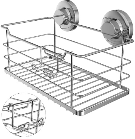 Poywaze Suction Cup Shower Caddy, Bathroom Organiser with Hooks, Stainless Steel Basket, Silver Tray, No Drilling Shelf for Kitchen Storage