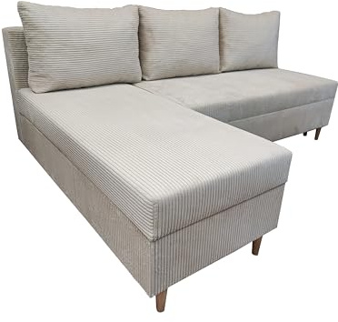 DMSM Scandik Mini Bonell DL Ecksofa mit Schlaffunktion, Cord POSO, Beige, 200x150x92 cm, Ausziehbar, 2 Bettkästen, Skandinavischer Stil